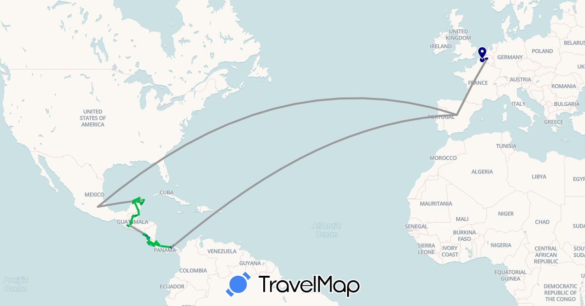 TravelMap itinerary: driving, bus, plane, cycling, hiking, boat, hitchhiking in Belgium, Belize, Costa Rica, Spain, France, Guatemala, Mexico, Nicaragua, Panama (Europe, North America)